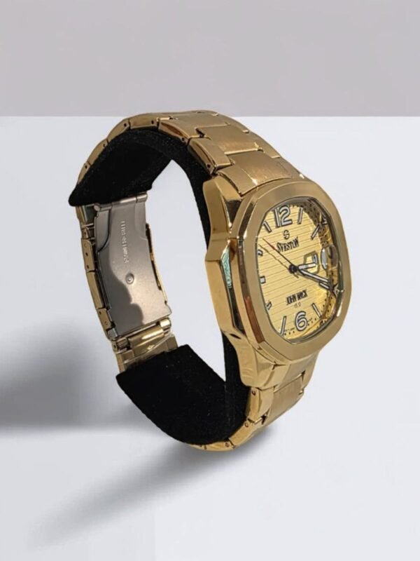 IMG-20250929-WA0035 ساعة يد ذهبية تحمل علامة "SVESTON" وتصميم "JOHN WICK 5.0" على المينا