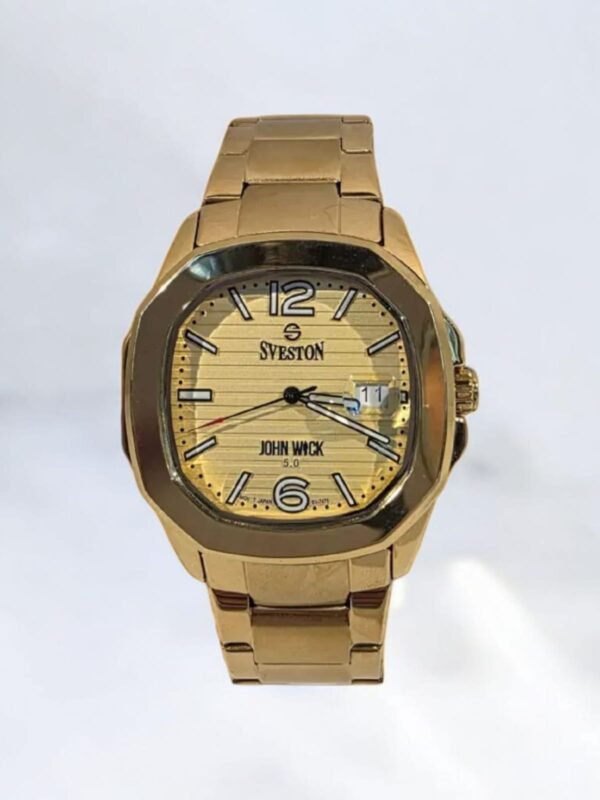 IMG-20250929-WA0038 ساعة يد ذهبية تحمل علامة "SVESTON" وتصميم "JOHN WICK 5.0" على المينا